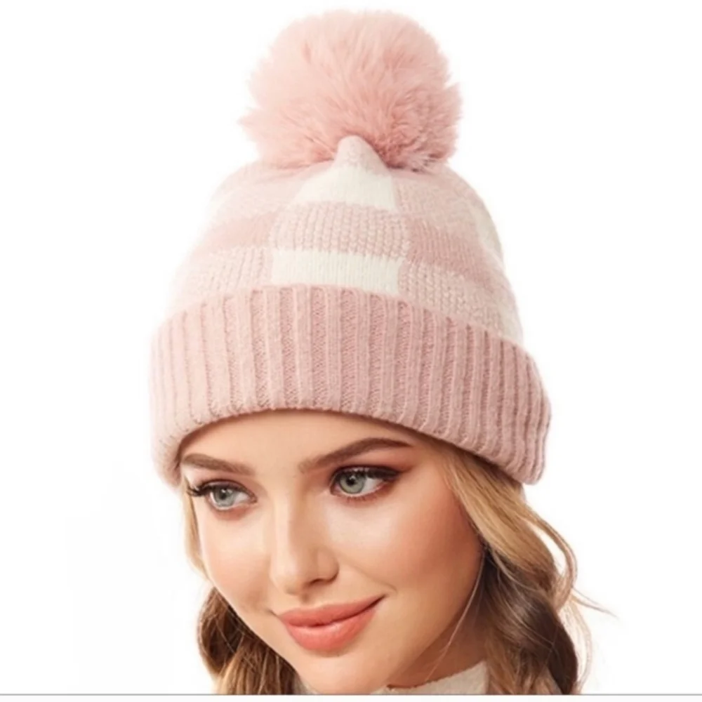 Pink Buffalo Plaid Warm Fall Winter Women's Pom Pom Hat-New